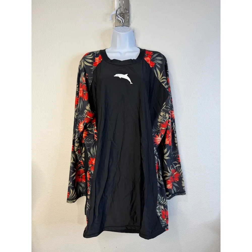 Halcurt Womens Plus Size 4X Rash Guard Long Sleeve Tropical Floral Black UPF 50+